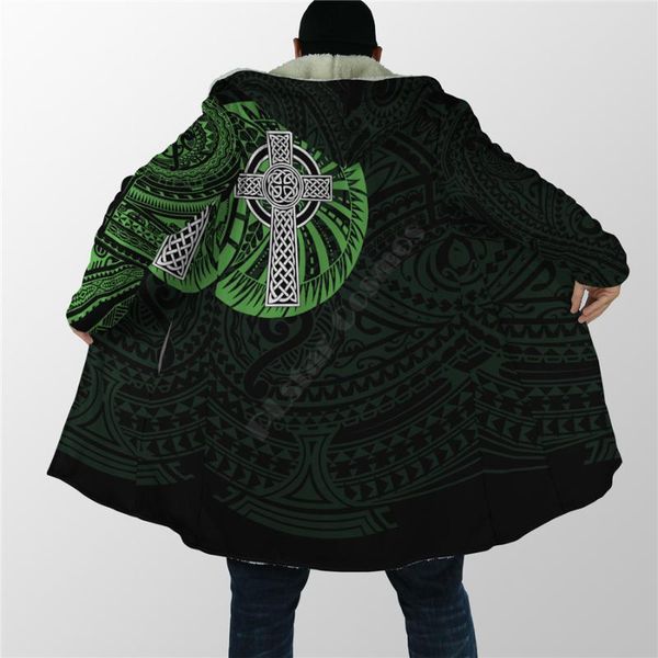 

men's wool & blends irish tattoo cloak 3d all over printed hoodie for men women winter fleece wind breaker warm hood, Black