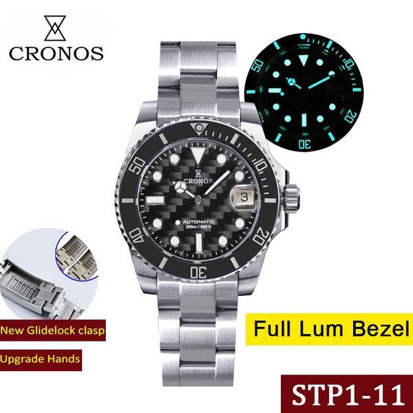 

wristwatches cronos diver luxury men watch stainless steel carbon fiber dial brushed bracelet glidelock ceramic bezel 20bar water resistant, Slivery;brown