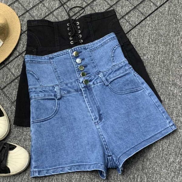 

lace up denim shorts women high waist summer jeans casual women's, White;black