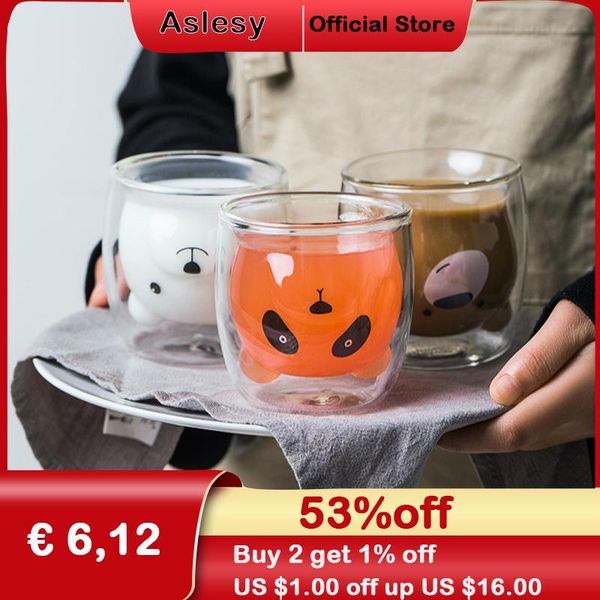 

mugs cute bear shaped double wall glass resistant kungfu tea mug milk juice cup drinkware child lover coffee cups gift