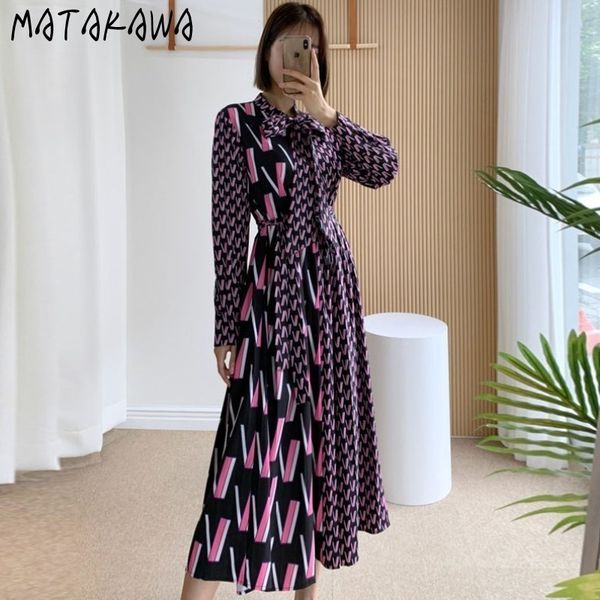 

matakawa lace stitching bow pleated dresses korea retro pattern twill print women's dress a-line long vestido feminino 210513, Black;gray