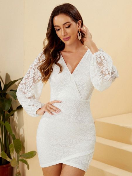 

lantern sleeve surplice neck lace dress w9xm#, Black;gray