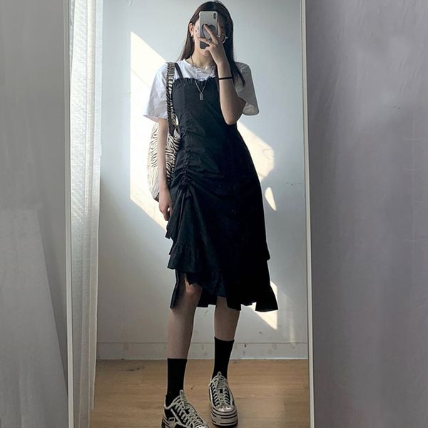 

dresses 2021 summer gothic black women y2k spaghetti strap vintage female evening party one piece dress korean harajuku, Black;gray