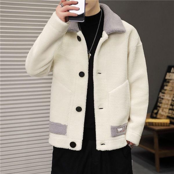 

men's wool & blends autumn men winter short woolen overcoats long sleeve lamb fur jackets male solid color casual outwear o637, Black