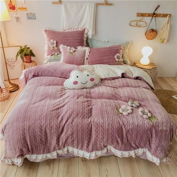 

bedding sets luxury stereo flowers thicken winter warm velvet fleece flannel pillowcase set cover duvet linen/sheet girl princess bed