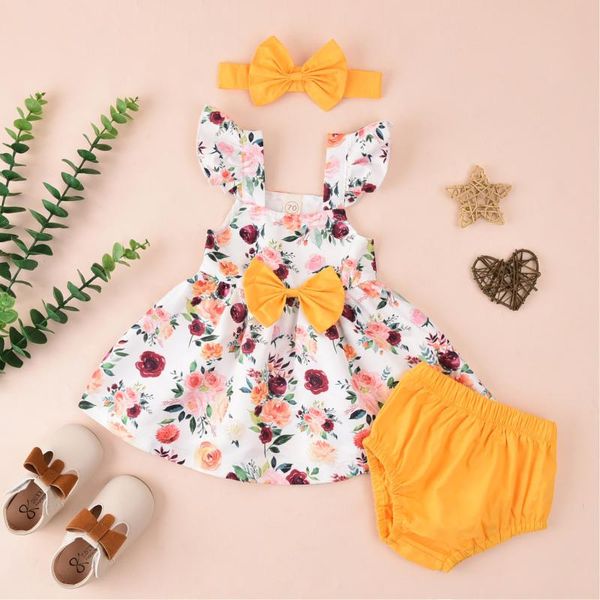 

summer fashion outfits sets baby girls sun floral cotton puff sleeve little dress headband wedding party headwear 3pcs clothing, White