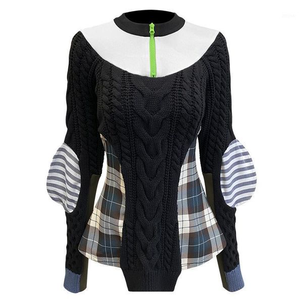 

plaid irregular knitting sweater loose fashion autumn winter 2021 fit mock collar long sleeve women pullovers women's sweaters, White;black