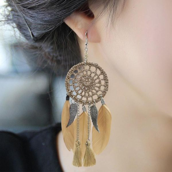 

clip-on & screw back jiodream catcher clip on earrings without piercing feather long tassel statement charm earring women bohemian jewe, Silver