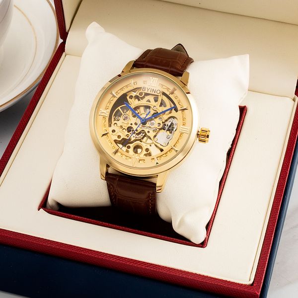 

mechanical watchbaylor business men's hollow out automatic leisure youth waterproof transparent gold, Slivery;brown