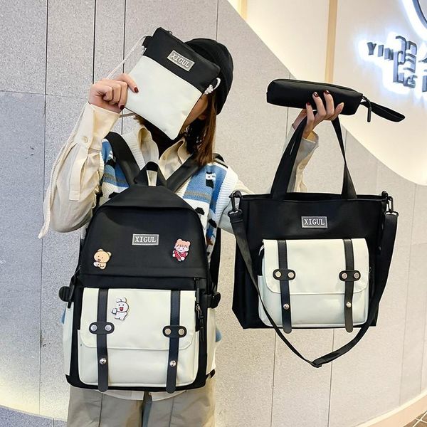 

4pcs sets casual backpack student school bag for girl women kawaii canvas cute college ladies badge shoulder bags