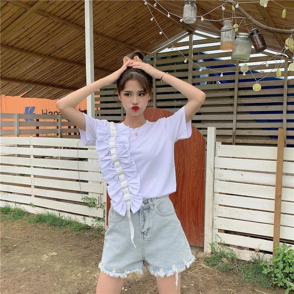 

korean chic summer kawaii women soft girl short sleeve tee sweet bow splice basic solid color casual loose, White