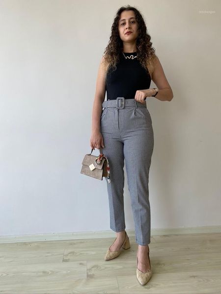 

women's pants & capris e2butik plaids kemerli fabric, Black;white