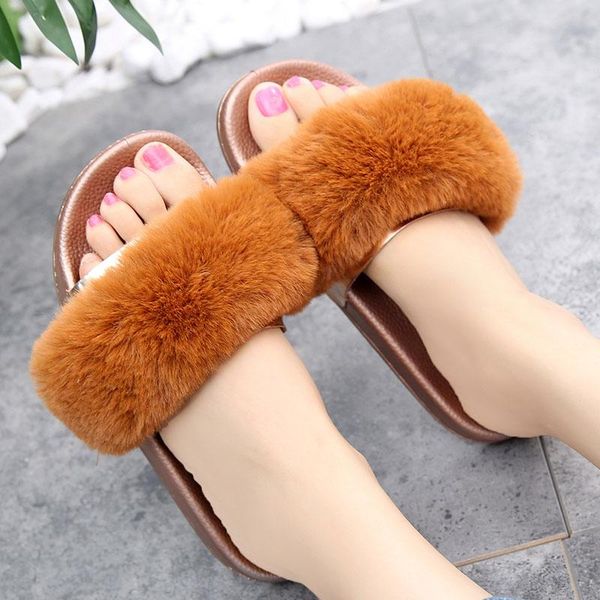 

slippers fur shoes women home female woman autumn summer gold flip flops slides sandals flat ladies, Black
