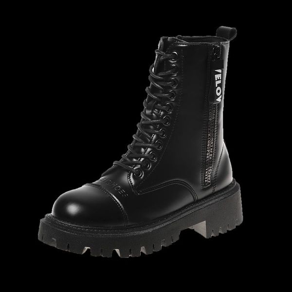 

boots women leather ankle combat autumn winter round toe lace up shoes fashion motorcycle platform botas black