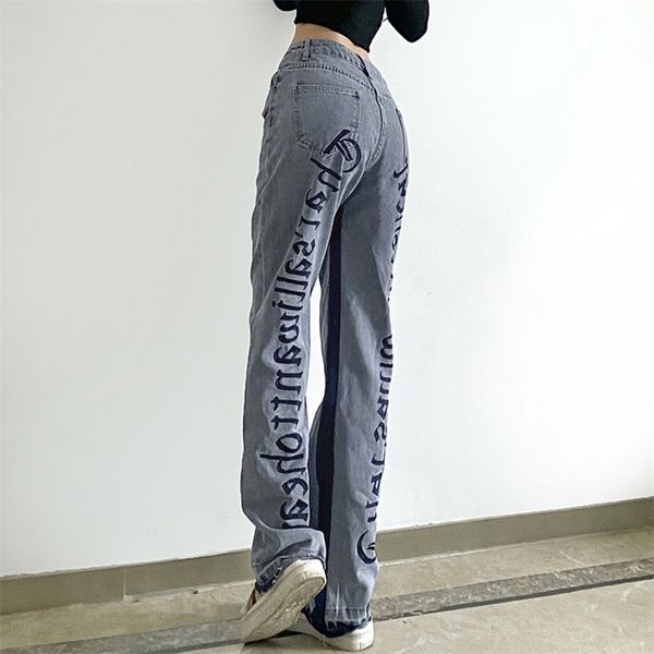 

women jeans button fly zipper letter embroidery loose wide leg casual denim jogging sports ladies relaxed trousers 210522, Blue