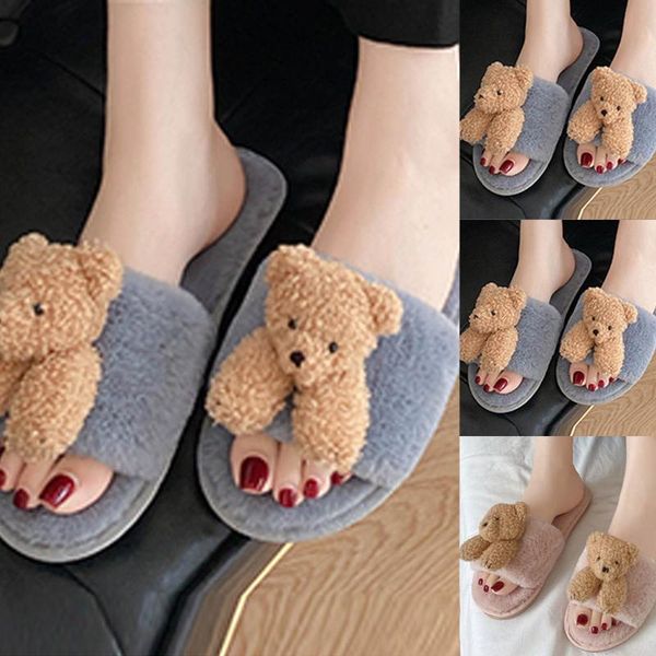 

slippers home for guests fashion women casual open toe slide sandals ladies cute bear plush 2021 flats shoes, Black