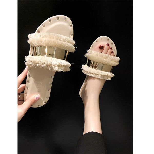 

slippers summer tassel 2021 women fashion rivet flat female outdoor non-slip vacation beach shoes flip-flops 35-40, Black