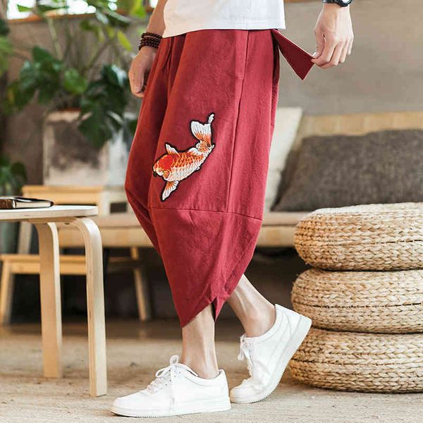 

men's pants cotton linen mens harem summer male casual calf-length 2021summer baggy trousers streetwear ldi1, Black