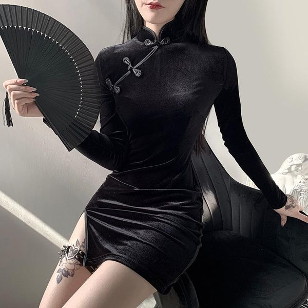 

casual dresses chinese style girl's velvet cheongsam dress spring/summer long sleeve/short sleeve mandarin collar red for women, Black;gray