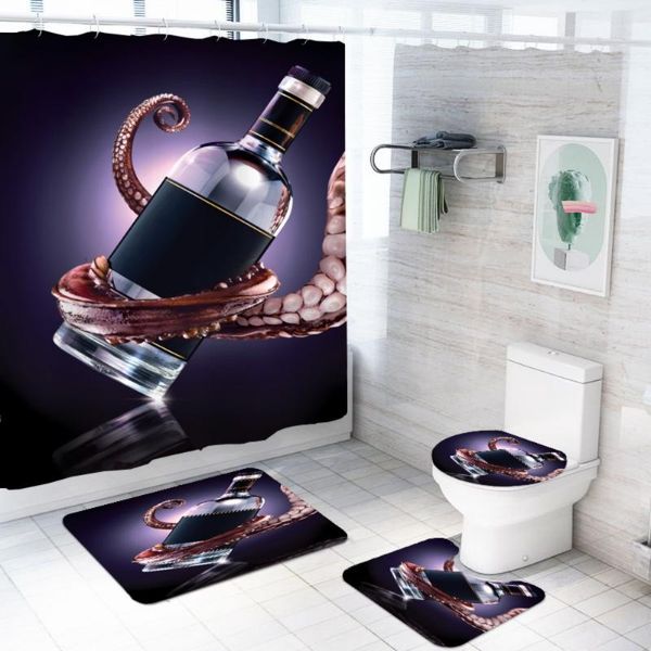 

bath accessory set wine polyester fabric shower curtains 4 piece bathroom decor anti slip carpet rugs toilet cover custom curtain rug