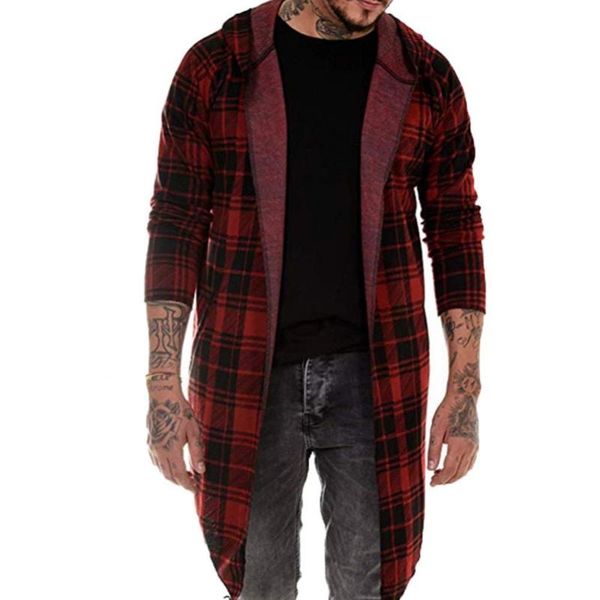 

men's jackets men autumn fashion cotton plaid print long sleeve hooded shirt coat comfortable plus size, Black;brown