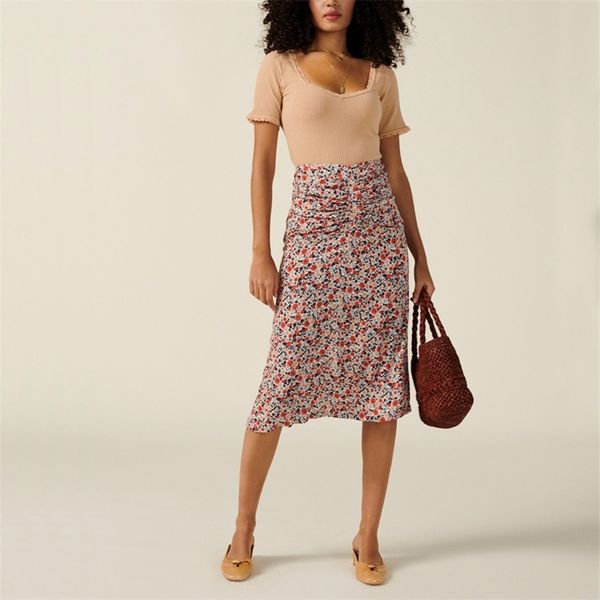 

summer women's skirt casual flower print pleated design 210430, Black
