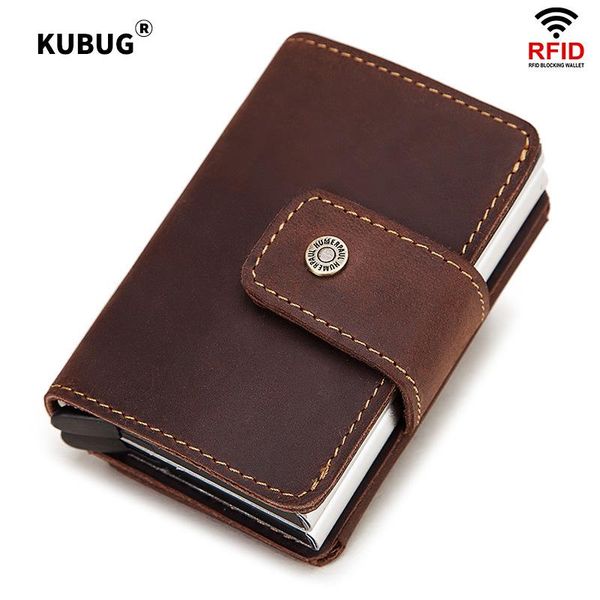

card holders kubug men genuine leather automatic blocking aluminium bank wallets rfid business id case male coin purse, Brown;gray