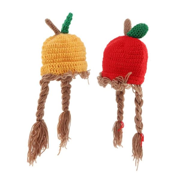 48 cm çocuklar örme peruk şapka ile 2 büyük örgü kızlar sevimli kış kap elma şekli şapka şapka