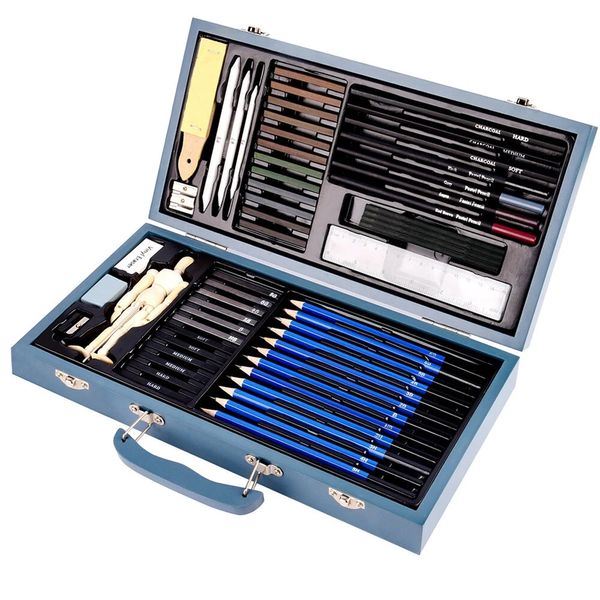 60pcs / Set Schizzo Set di matita Set Professionale Brush Brush Drawing Kit Matita Box in legno Forniture artistiche per la pittura per adulti