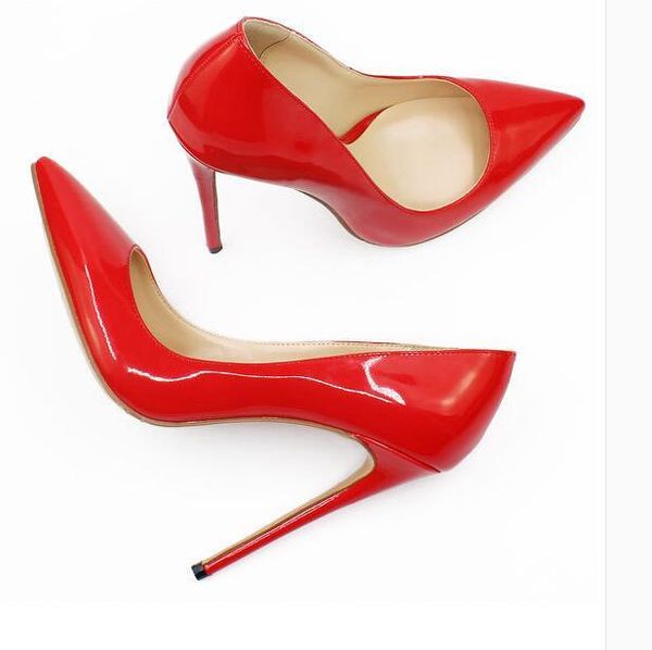 

selling red patent leather pointed toe high heel shoe woman thin heels dress pumps 12cm party yellow nude shoes, Black