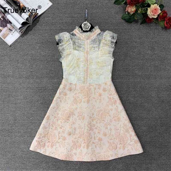 

truevoker women high end beading diamond pink print party dress lady flying sleeve cute lace patchwork mujer festa vestido 210602, Black;gray
