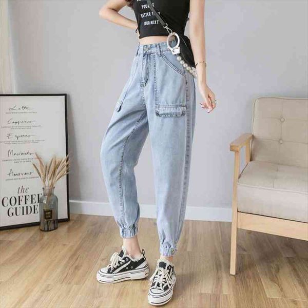 

harlan jeans womens summer loose korean slim student thin capri womens jeans patchwork baggy ankle banded pants, Blue