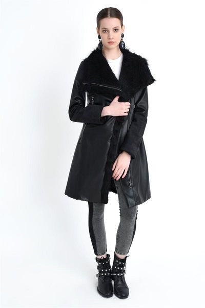 

women's wool & blends z6614 dewberry women furry leather coat -black