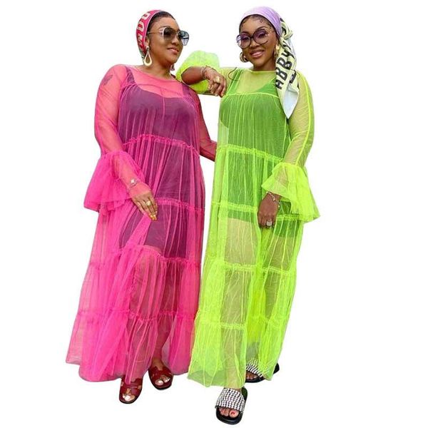 

ethnic clothing african dresses for women 2021 plus size 4xl summer long sleeve net yarn perspective maxi dress fashion beach robes lady, Red