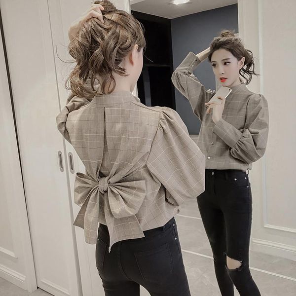 

women's blouses & shirts spring fall ladies plaid women back bow office blouse stand collar button up shirt lantern long sleeve clo, White