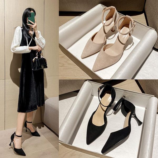 

dress shoes european and american fashion cow suede single girls pointed heels women thick heel sandals zapatos de mujer high, Black