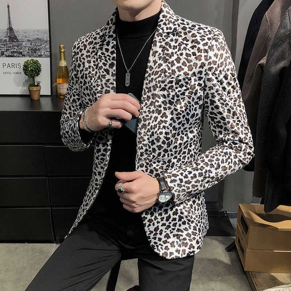 Blazer Masculino Autunno Leopard Print Blazer da uomo Casual Slim Fit Giacca da abito da sposa Abito da lavoro Cappotto Veste Homme 210527