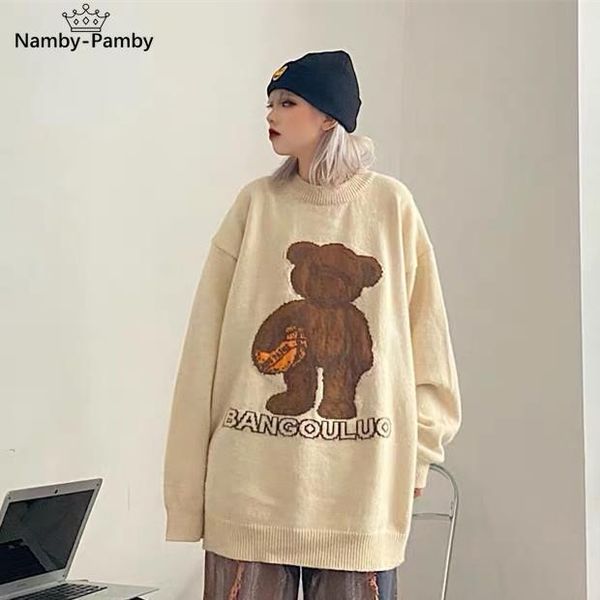 

men's sweaters bear vintage oversized sweater loose line casual harajuku women korean fashion winter o-neck pullovers, White;black
