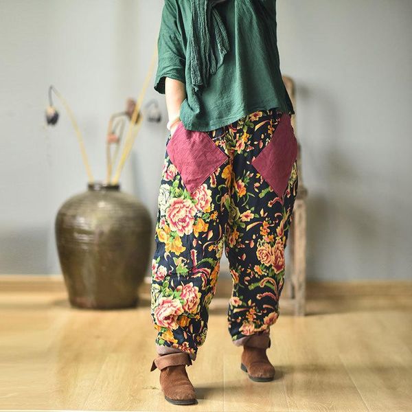 

women printed loose elastic waist harem pants ladies vintage padded trousers female 2021 patchwork women's & capris, Black;white