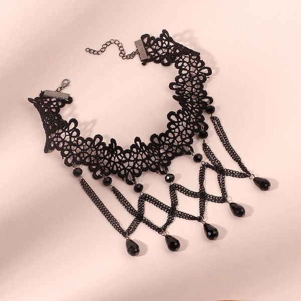 

chains gothic lace necklace for women black crystal pendant tassel fashion jewelry vintage dark wind choker wholesale, Silver