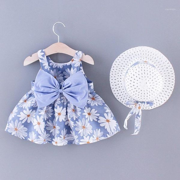 

girl's dresses 2piece summer toddler girl clothes set baby suspender floral print bowknot princess dress+hat outfits born clothing 6m-3, Red;yellow