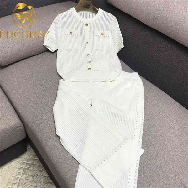 

fashion women casual sportsuit two piece suit summer female pullover short sleeve knit shirt + wide leg pants outfit 210520, White