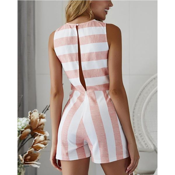 

women summer striped playsuits ladies casual linen o-neck sleeveless straight streetwear overalls elegant short jumpsuit women's jumpsu, Black;white