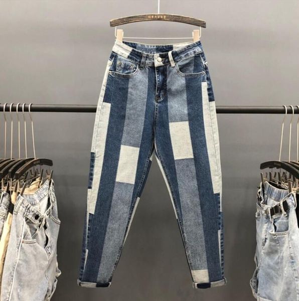 

women's jeans high waist woman spliced harlan pants 2021 spring women full length loose hit color trousers p560, Blue