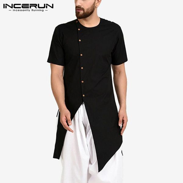 

men's casual shirts incerun clothes men shirt solid button 2021 short sleeve o neck vintage kurtas streetwear muslim irregular long, White;black