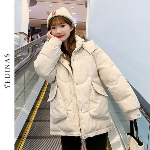 

yedinas women parkas jacket fashion solid thick coats warm winter hooded pocket outwear 210527, Black