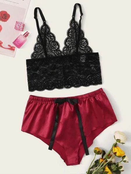 

bras sets silk-like women lingerie lace underwear ladies sleepwear, Red;black