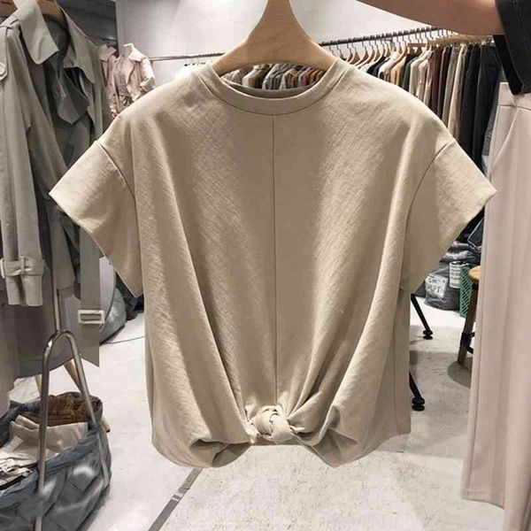 

korean fashion flying sleeve woman tshirts chic o-neck cross knot t shirt for women summer simple all match ropa mujer 210514, White