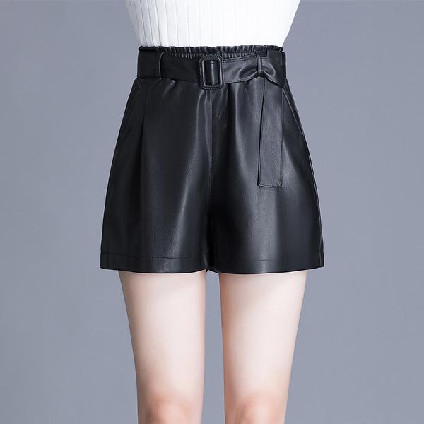 

women's shorts pu leather autumn high elastic waist with sashes solid ladies wide leg black color pockets loose elegant female, White;black