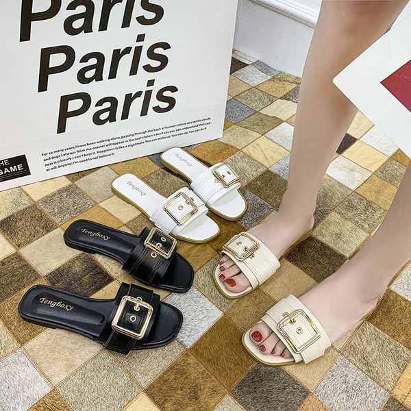 

slippers beach shoes low casual slides slipers women sabot luxury flat summer rubber 2021 fabric basic hoof heels pu, Black